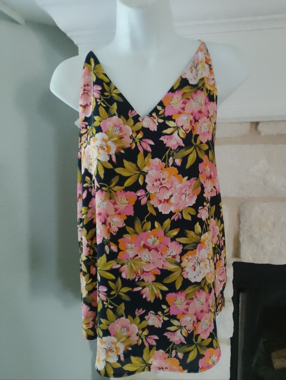 LOFT Black Floral V-Neck Cami with Pink & Green Blooms